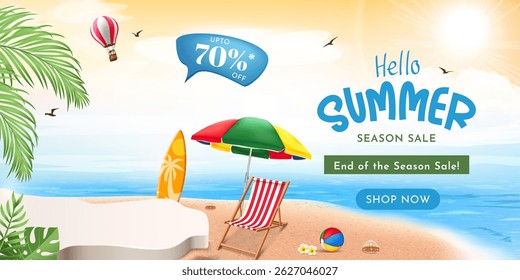 summer season sale banner design with sunny beach background with podium