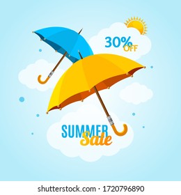 Summer Season Sale Concept with Umbrella Banner Poster Flyer Card. Vector illustration of Discount Offer for Shop