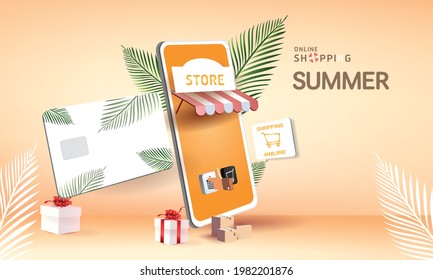 summer season sale and green tropical background and yellow card money online and shopping online pay vector illustation location network 