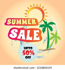 Summer season sale offers and discount banner vector illustration, coconut tree sun and water splash in yellow background