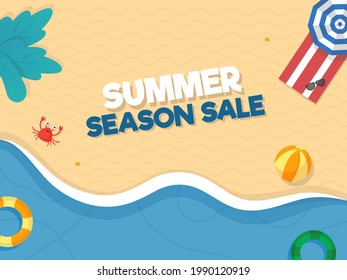 Summer Season Sale Poster Design With Top View Of Beach Background.