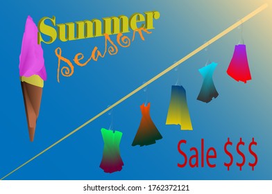 Summer season sale sign whith clothes hanging in a sun ray like a rope