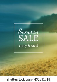 Summer Season Sale Vector Banner on Vector Photorealistic Blur Background with Beach and Sea