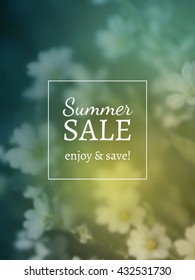 Summer Season Sale Vector Banner on Vector Photorealistic Blur Background with Flowers