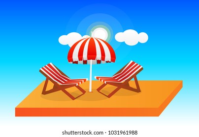 summer season , sea scape with umbrella and two chair on gold sand beach with sun clouds and blue sky background, vacation concept, vector art and illustration.