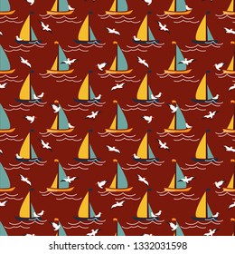 Summer season seamless pattern of cute sailing yachts and seagulls on red background. Vector illustration.