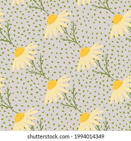 Sommersaison nahtloses Muster mit doodle gelben Gänseprint. Pastellvioletter Hintergrund mit Punkten. Entworfen für Stoffdesign, Stoffdruck, Umhüllung, Abdeckung. Vektorgrafik.