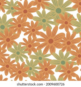 Summer season seamless pattern with orange and beige random flowers daisy shapes. Isolated backdrop. Graphic design for wrapping paper and fabric textures. Vector Illustration.