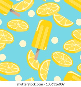 Summer season seamless pattern of popsicles ice cream with sliced lemon on light blue background. Vector illustration.