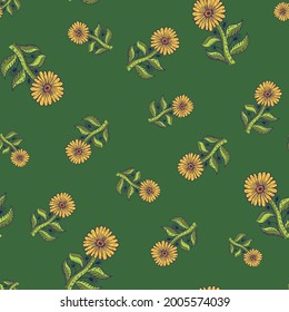 Summer season seamless pattern with random orange contoured sunflower elements. Green background. Graphic design for wrapping paper and fabric textures. Vector Illustration.