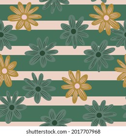 Summer season seamless pattern with random doodle flower daisy shapes. Striped background. Graphic design for wrapping paper and fabric textures. Vector Illustration.