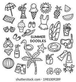 Summer season set, swimsuit, drinks, ice cream, fruits, surfboard, snorkel, beach item doodles, black line with white backgrounds