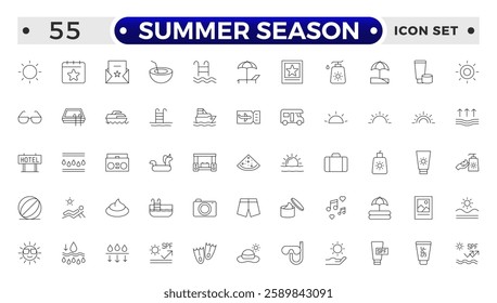 Summer season set of web icons in line style. Summer vacation icons for web and mobile app. Travel, beach, tourism, summer holidays, hotel, relax, beach, luggage, passport, sunglasses. 
