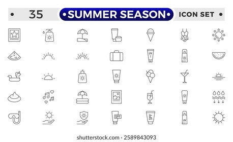 Summer season set of web icons in line style. Summer vacation icons for web and mobile app. Travel, beach, tourism, summer holidays, hotel, relax, beach, luggage, passport, sunglasses. 
