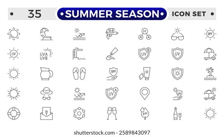 Summer season set of web icons in line style. Summer vacation icons for web and mobile app. Travel, beach, tourism, summer holidays, hotel, relax, beach, luggage, passport, sunglasses. 
