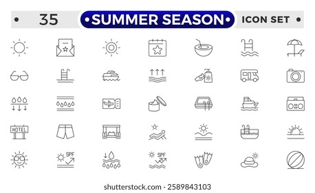 Summer season set of web icons in line style. Summer vacation icons for web and mobile app. Travel, beach, tourism, summer holidays, hotel, relax, beach, luggage, passport, sunglasses. 
