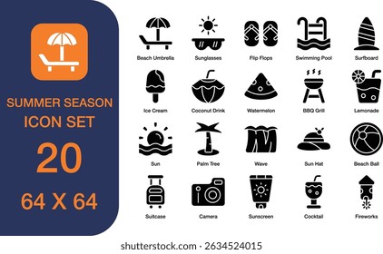 summer season set of web icons in solid style. Containing surfboard, palm tree, beach ball, sun screen, suitcase, camera, sun hat, and more. Editable stroke