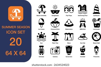 summer season set of web icons in dual tone style. Containing surfboard, palm tree, beach ball, sun screen, suitcase, camera, sun hat, and more. Editable stroke