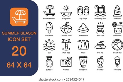 summer season set of web icons in line style. Containing surfboard, palm tree, beach ball, sun screen, suitcase, camera, sun hat, and more. Editable stroke