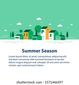 Summer season in small town, tiny village view, row of residential houses, beautiful green neighborhood, real estate development, vector flat design illustration
