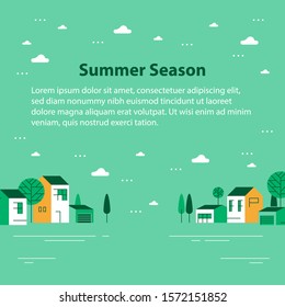 Summer season in small town, tiny village view, row of residential houses, beautiful green neighborhood, real estate development, vector flat design illustration