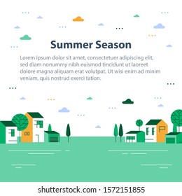 Summer Season In Small Town, Tiny Village View, Row Of Residential Houses, Beautiful Green Neighborhood, Real Estate Development, Vector Flat Design Illustration