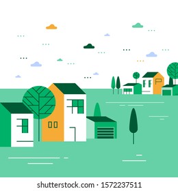 Summer season in small town, tiny village view, group of residential houses, beautiful green neighborhood, real estate development, vector flat design illustration