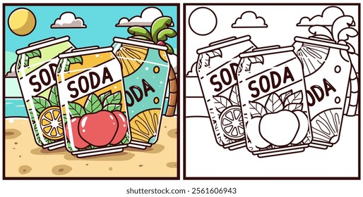 Summer season with soda drinks coloring page vector illustration