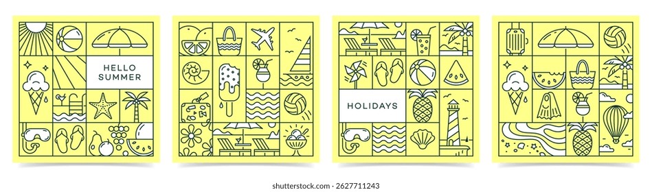 Summer season square poster set. Modern art design with icons for ads, banner, cover, label, poster, sales. Vector illustration in minimalistic line style.