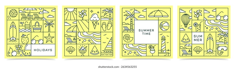 Summer season square poster set. Modern art design with icons for ads, banner, cover, label, poster, sales. Vector illustration in minimalistic line style.