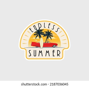 Summer season sticker or badge or label design template with surfing car on the beach with sunset on background with endless summer caption. Vector illustration