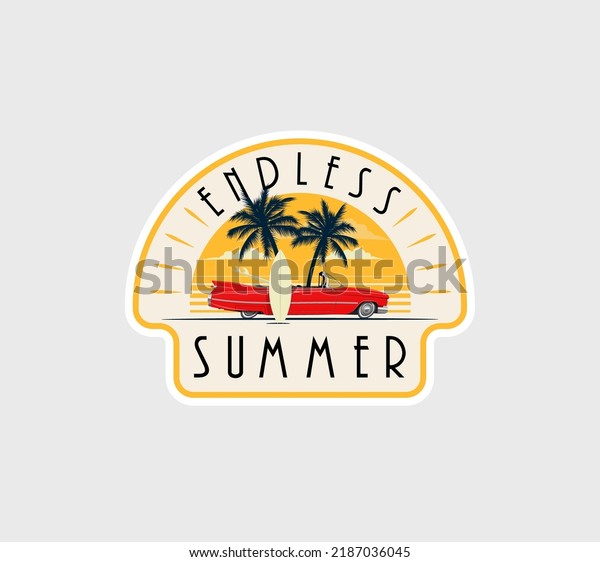 Summer season sticker or badge or\
label design template with surfing car on the beach with sunset on\
background with endless summer caption. Vector\
illustration