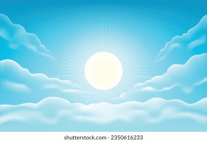 Summer season sunny background. Blue bright sky white clouds and sun calm weather scene, opened heaven clear skies, sunbeams atmospheric vector illustration