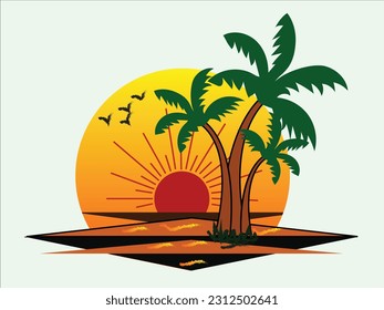 Summer season and sunset vector art design, tree sunset birt ocean sunny hot summer day vector.