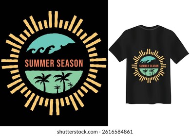Summer season t shirt design with palm trees waves and sun