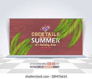 Summer Season Theme Outdoor Banner Design, Horizontal Wood Background, Advertising Template, Vector Summer Symbols