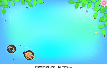 summer season. top view around with leaf flowers beach. man and woman on swim ring in the beautiful blue sky sea holiday. free space for your text. vector illustration eps10