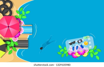 summer season. top view chairs flowers swim ring sunglass on beach and man swimming in the blue sky sea holiday. vector illustration eps10