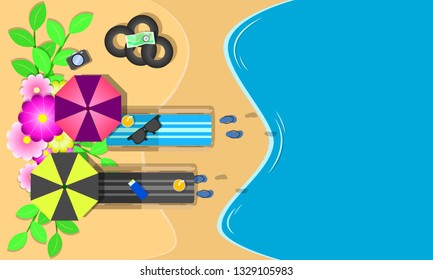 summer season. top view chairs flowers swim ring sunglass on beach blue sky sea holiday. vector illustration eps10
