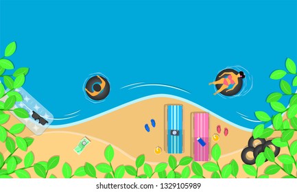 summer season. top view leaf around chairs flowers swim ring sunglass on beach and man woman relax swimming in the blue sky sea holiday. vector illustration eps10