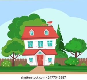 Summer season in the town. Colorful cottage surrounded by green trees and bushes. Summer at town, village, suburb. Vector illustration in flat cartoon style. 