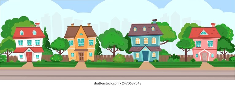 Summer season in the town. Colorful cottages surrounded by green trees and bushes. Summer at town, village, suburb. Horizontal banner. Vector illustration in flat cartoon style. 