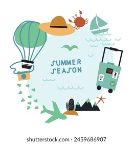 Summer season. travel card with beach items and wave. Tropical beach card with sand and sea. Beach party card or flyer template. Catch the summer vibe concept. Flat vector style illustration.