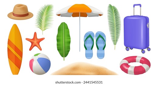 Temporada de verano de vacaciones tropicales o artículos de descanso. Vector conjunto aislado de equipaje y salvavidas, hojas de palma y banano. Tabla de surf y sombrero, voleibol y chanclas, arena y estrella del mar