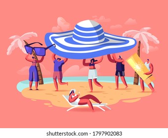 Summer Season, Vacation Concept. Tiny People Carry Huge Tropical Hat Enjoying Summertime Holidays, Relaxing on Beach. Characters Playing on Seaside, Tan of Exotic Resort. Cartoon Vector Illustration