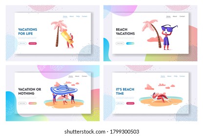 Summer Season, Vacation Landing Page Template Set. Tiny People Carry Huge Tropical Hat Enjoying Summertime Holidays, Relaxing on Beach. Characters Relax on Exotic Resort. Cartoon Vector Illustration