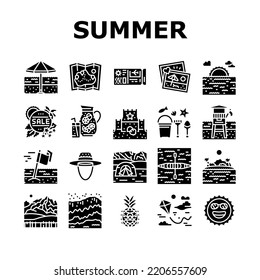 summer season vacation nature icons set vector. holiday travel, sun beach, poster sea, tropical sale, party, hot discount promotion summer season vacation nature glyph pictogram Illustrations