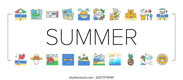 summer season vacation nature icons set vector. holiday travel, sun beach, poster sea, tropical sale, party, hot discount promotion summer season vacation nature color line illustrations