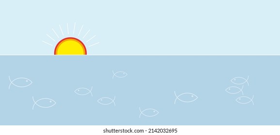 Temporada de verano. Vector de fondo abstracto con sol naranja y mar con peces. Plantilla de diseño de banners