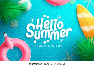 Summer season vector background design. Hello summer text in sea water with floating elements of surfboard and floater for relax outdoor tropical vacation. Vector illustration.
